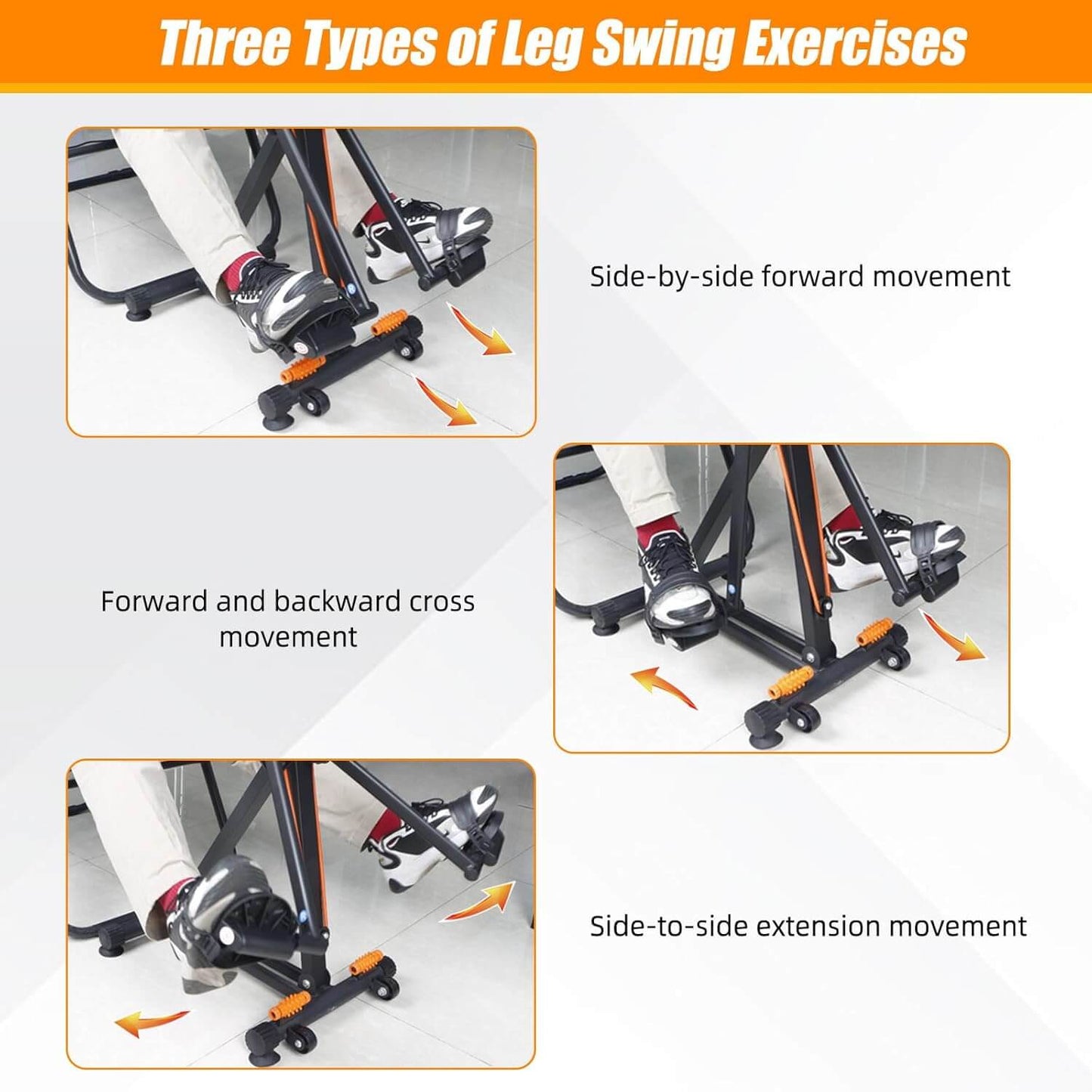 Zentheca FlowCycle™ showing three types of leg swing exercises for improved mobility and wellness.