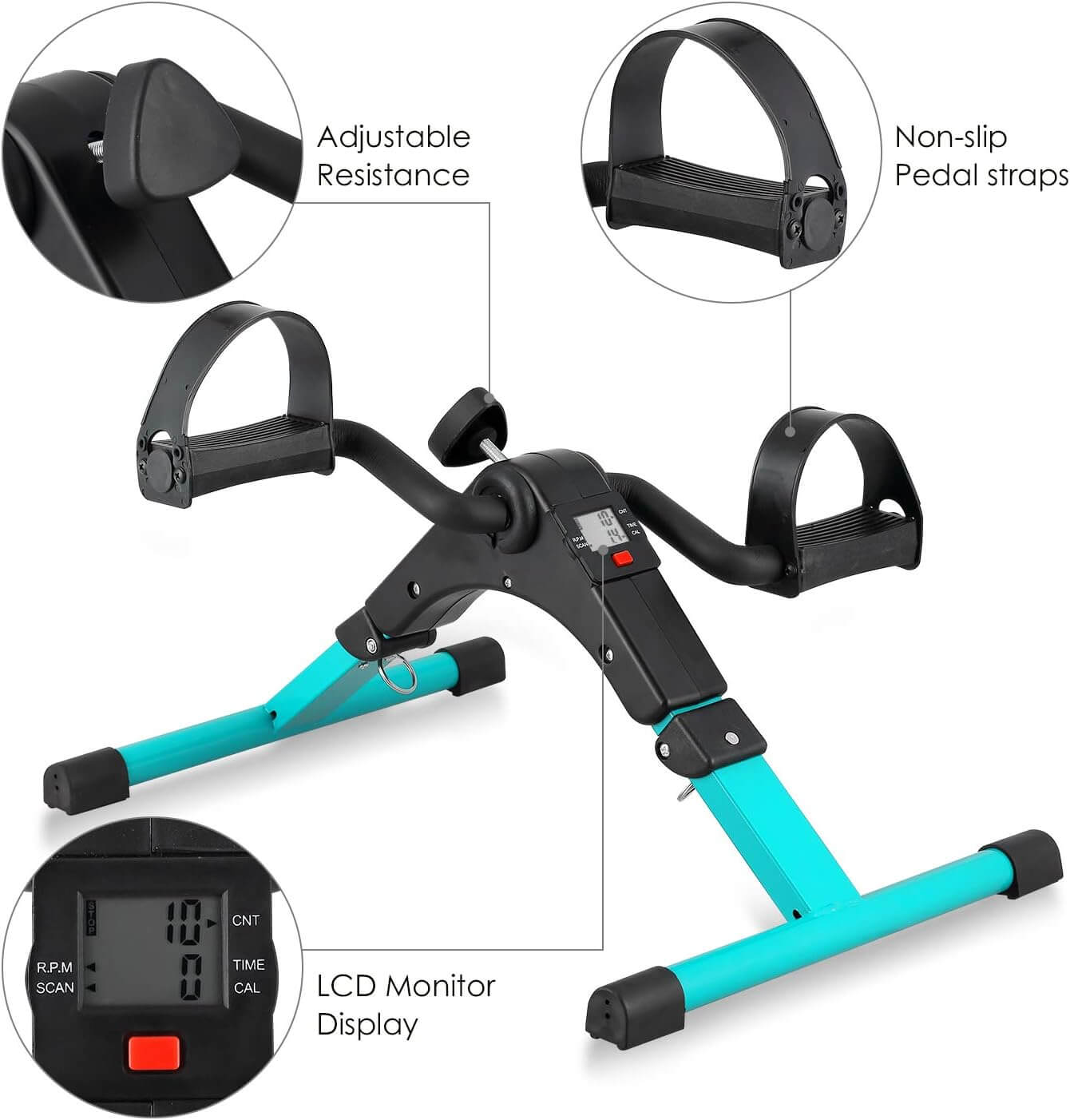 Zentheca MoveLite™ features adjustable resistance, non-slip pedal straps, and an LCD monitor display for tracking progress.