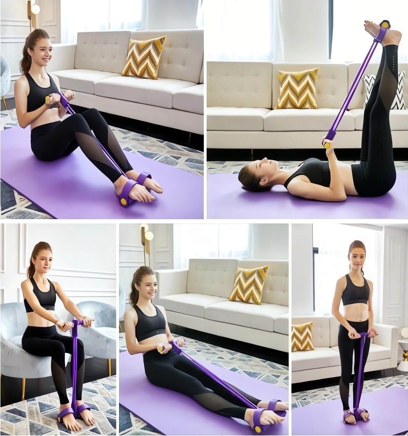Woman using the Zentheca FlexBand™ Set for various exercises on a purple yoga mat in a bright living room.