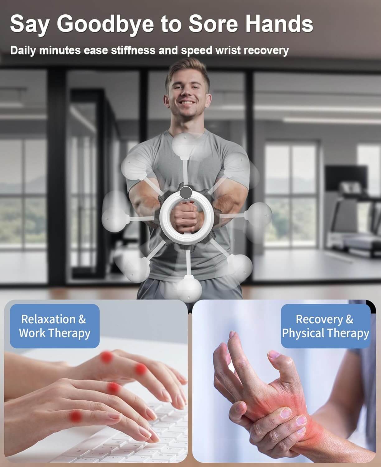 Zentheca PulseCrank™ user demonstrating hand therapy and recovery features for sore hands.