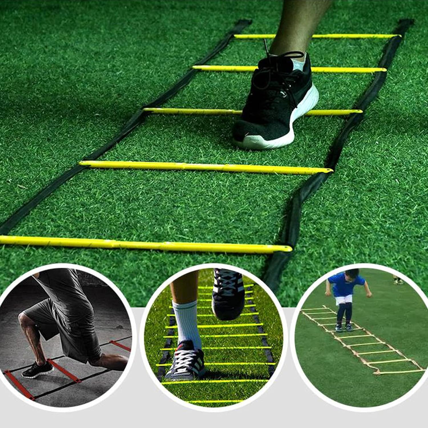Person using the Zentheca SpeedMaster Ladder Set for agility training on grass.