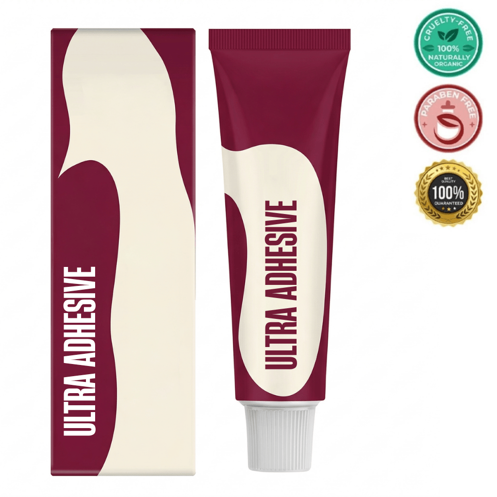 Ultra Adhesive tube and packaging, a skin-focused beauty adhesive for a refined look, cruelty-free and paraben-free.