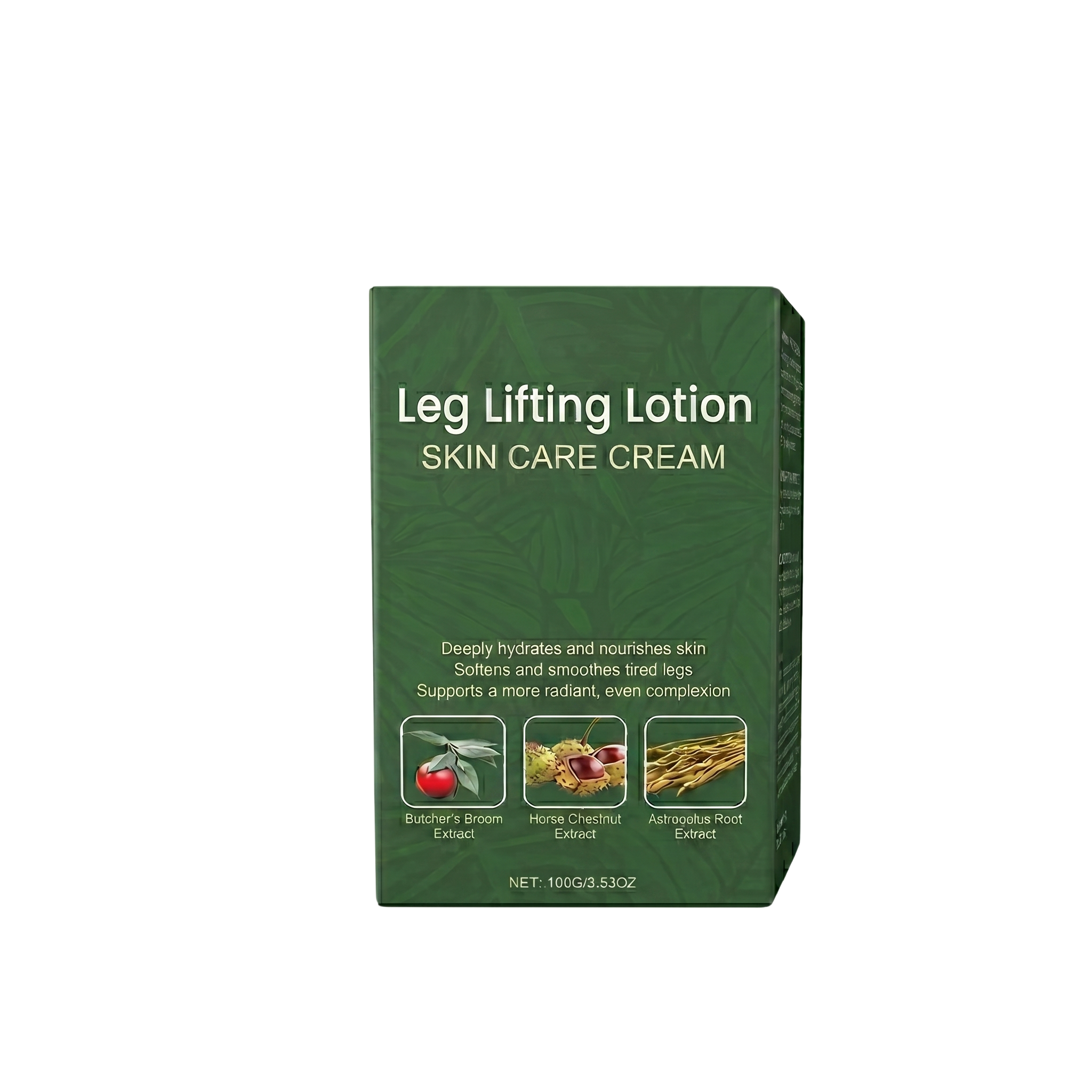 Leg Lifting Lotion box packaging featuring natural extracts for hydrated and smoothed skin.
