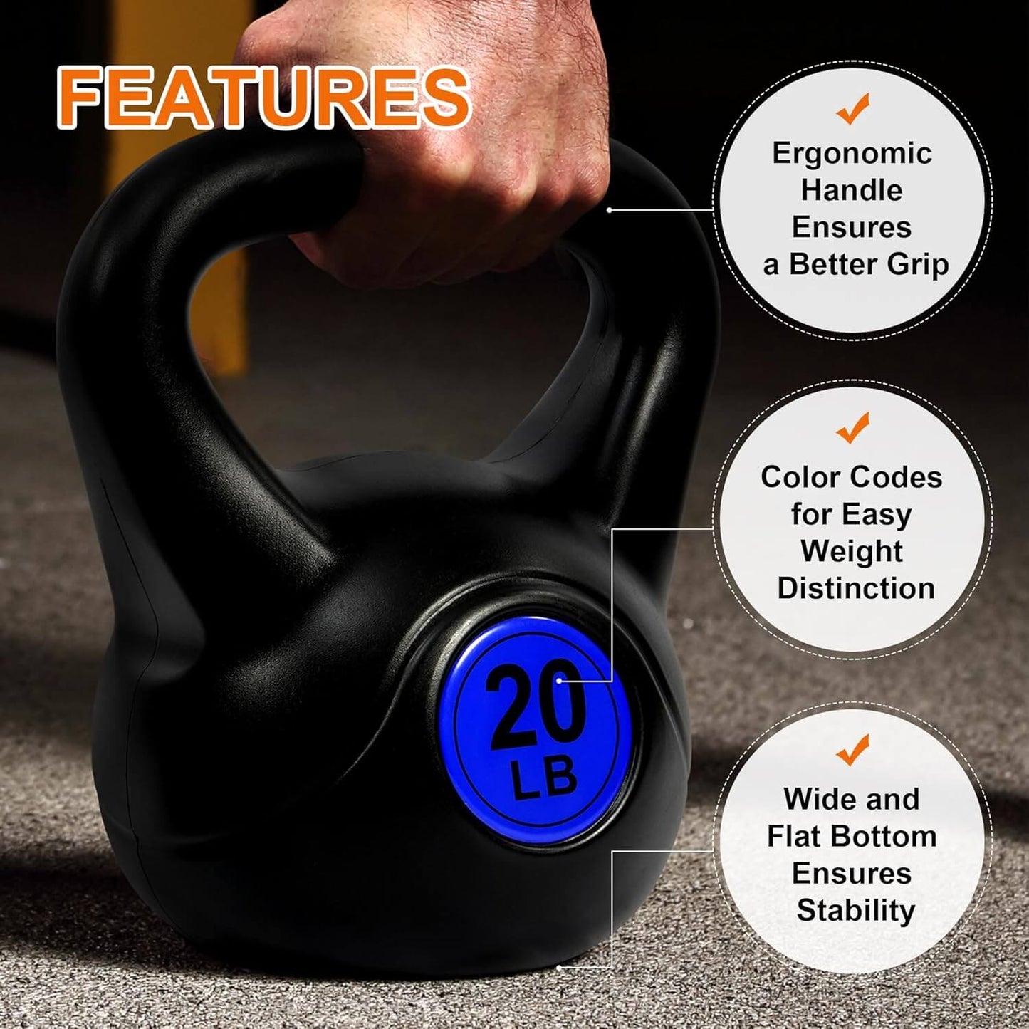 Zentheca PowerBell™ kettlebell with ergonomic handle, color-coded weight, and flat bottom for stability.