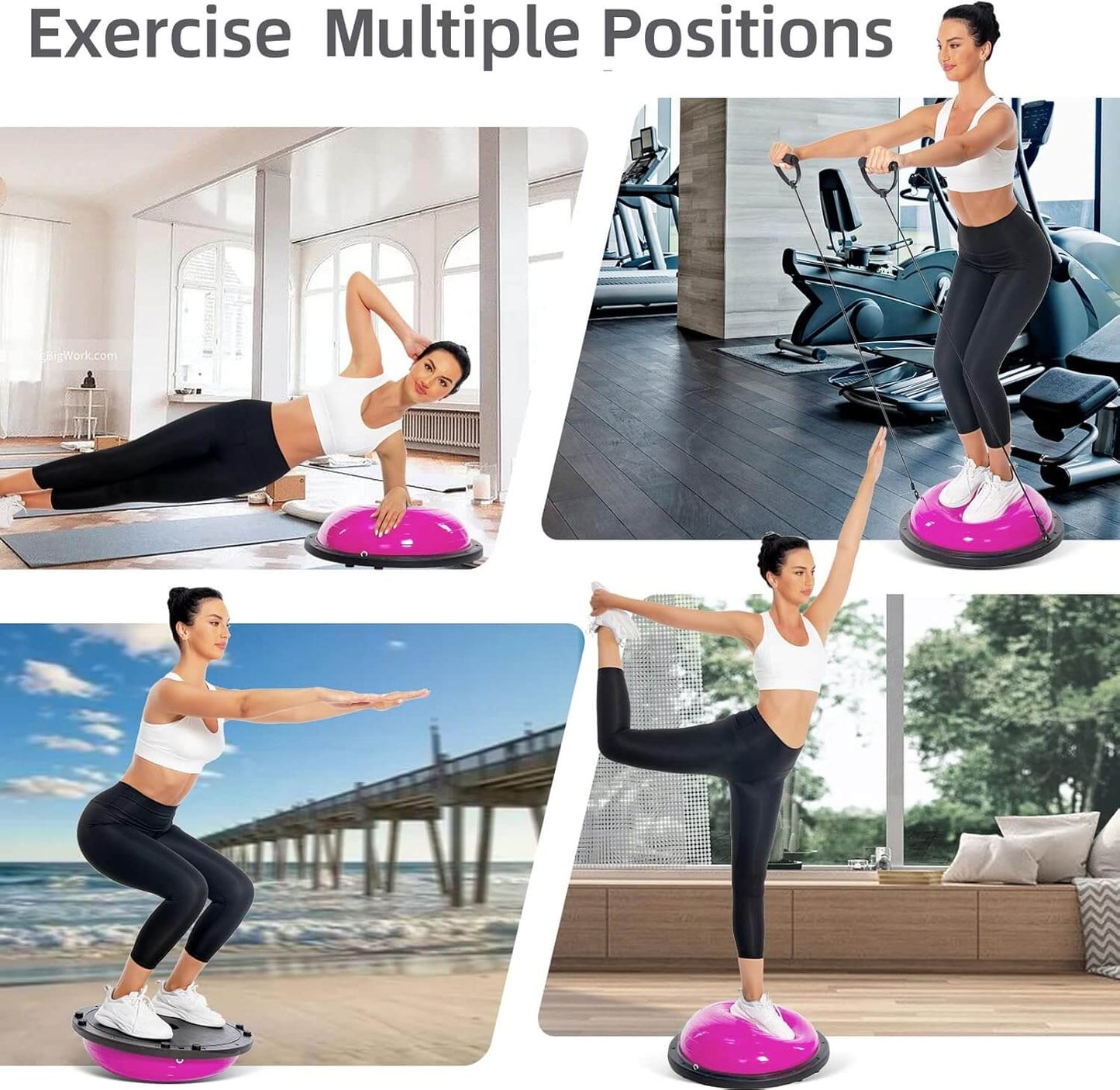 Woman exercising in multiple positions with a balance trainer in indoor and outdoor settings.
