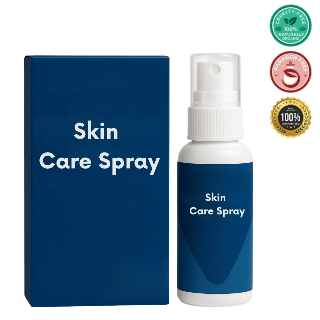 Skin Care Spray product in a blue bottle with a box, showcasing a clean and balanced skincare routine.