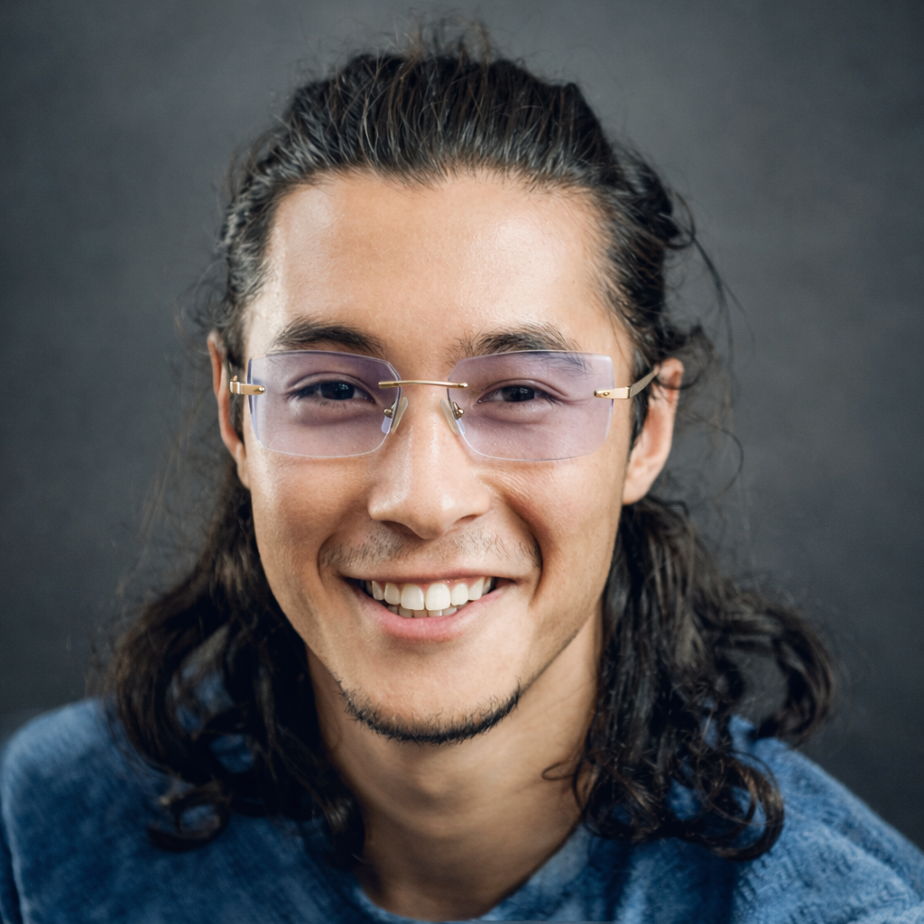 Man wearing Ultra Restore Glasses smiles for the camera, showcasing a stylish and modern look.