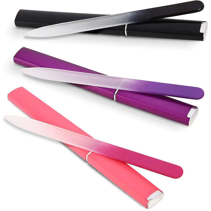 Zentheca – CrystalFile Nail File in various colors including black, purple, and pink on a white background.