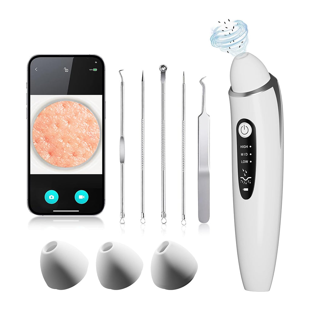 Zentheca – DeepClean Pore Vacuum with interchangeable heads and smartphone display showing skin before treatment.