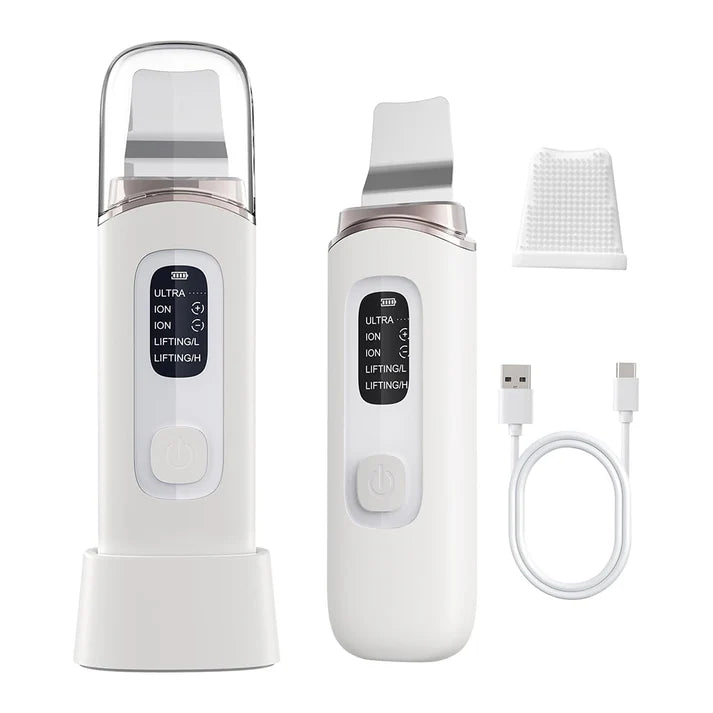 Zentheca – Ultrasonic Facial Scrubber and accessories including USB cable and cleaning pad