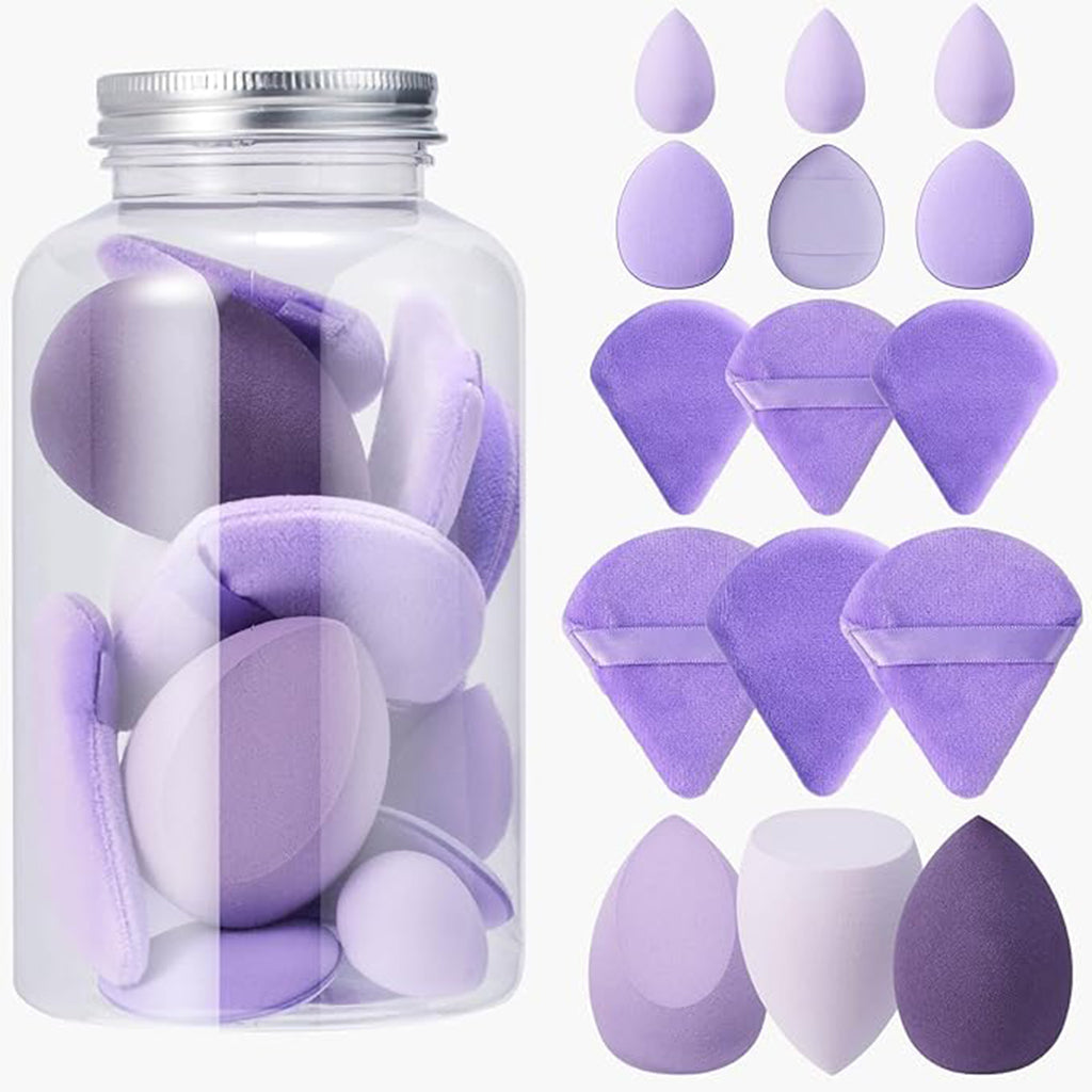 Zentheca – Dual-Use Triangle Makeup Sponge Set in a clear jar, showcasing various shapes and colors for flawless makeup application.