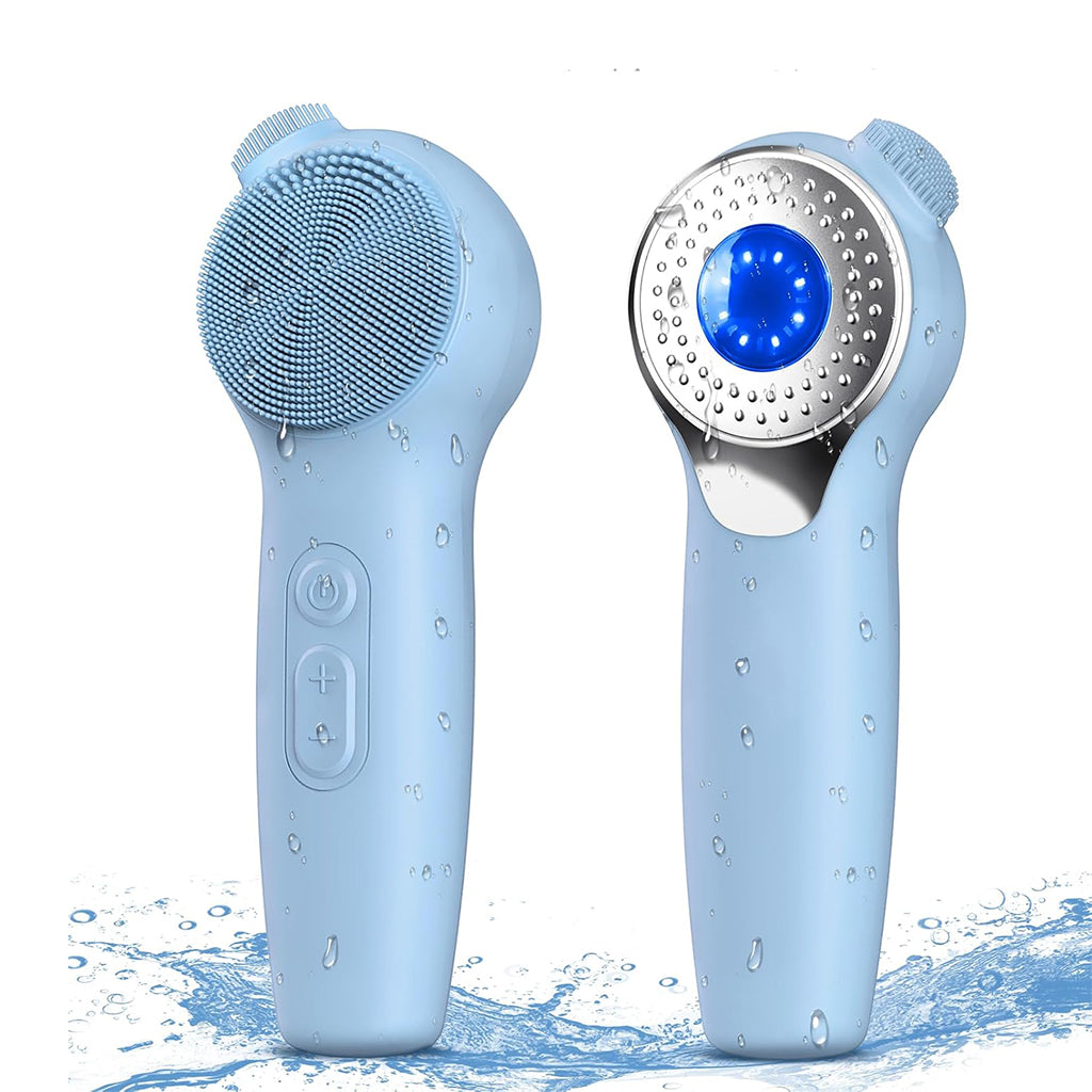 Zentheca – Sonic Facial Cleansing Brush in blue color, featuring a silicone brush head and ABS handle with a waterproof design.