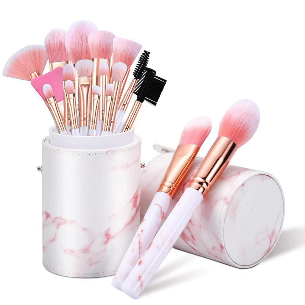 Zentheca – Multi-Use Makeup Brush set with soft bristles in a stylish marble holder.