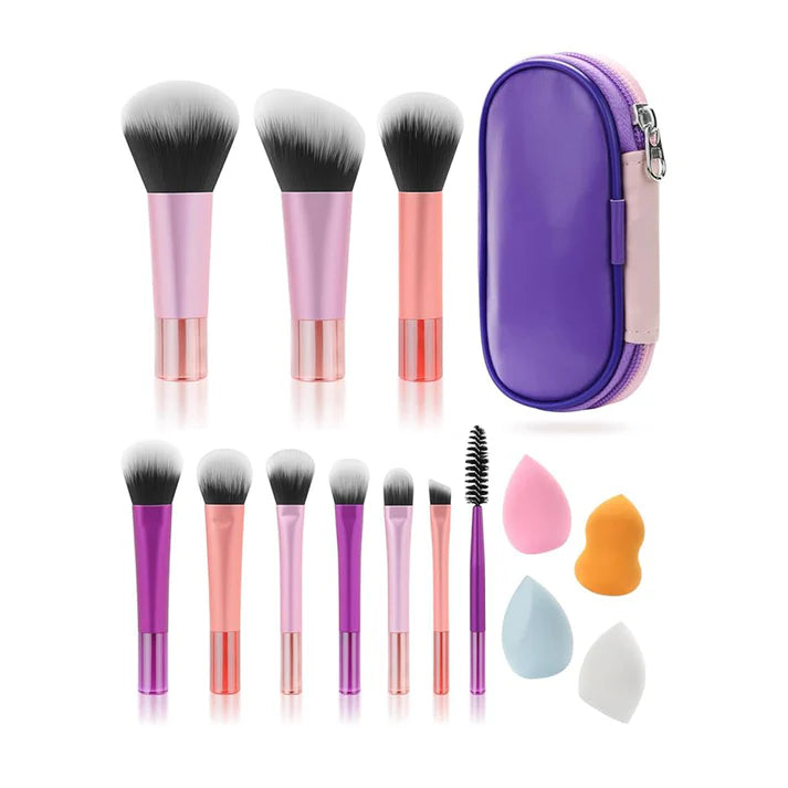 Zentheca – Professional Makeup Brush Set featuring premium brushes and sponges in a stylish purple case.