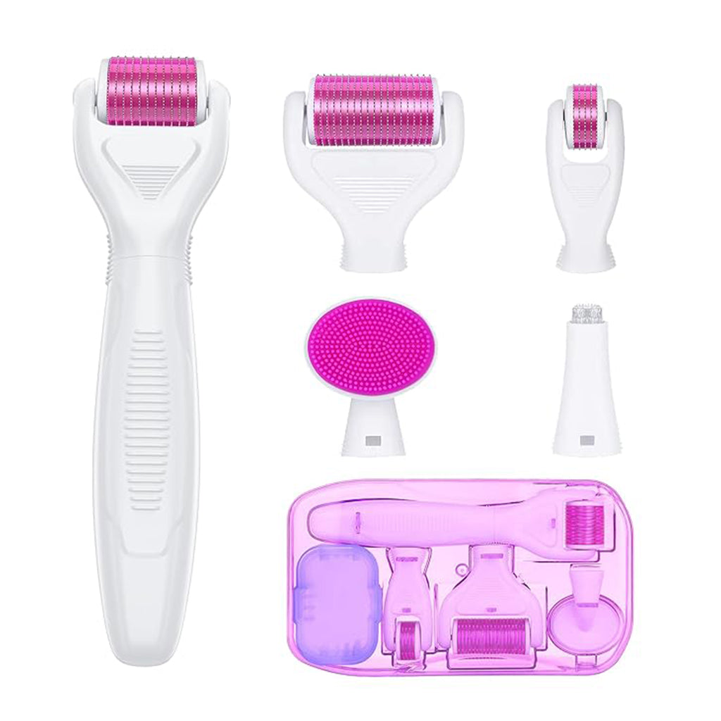 Zentheca – RenewGlow Microneedling Roller set including various rollers and skincare tools in a pink and white design.