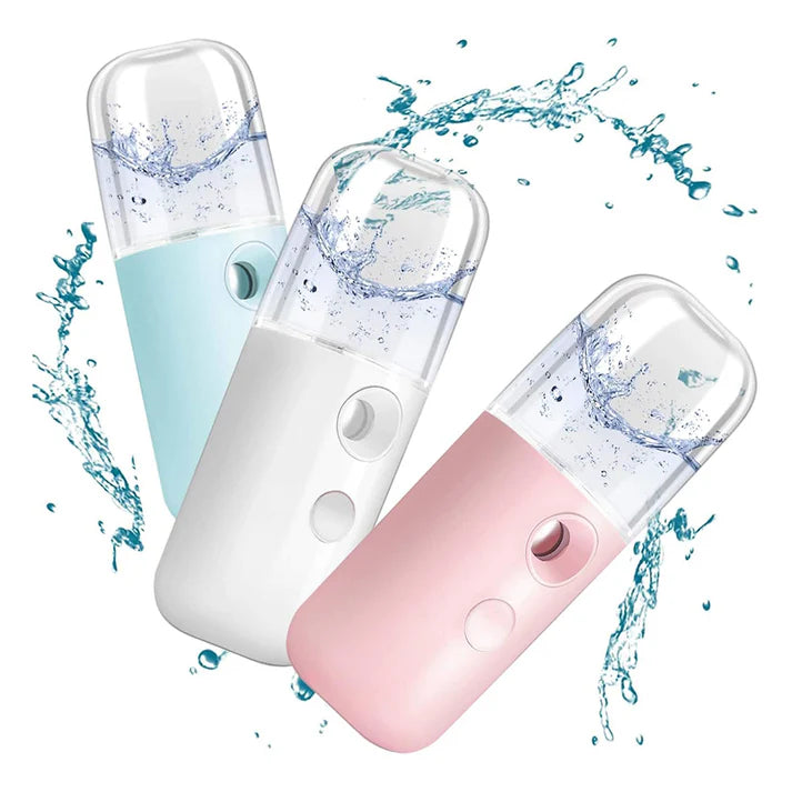 Zentheca – Rechargeable Facial Steamer in blue, white, and pink with water splash effect for skin hydration.