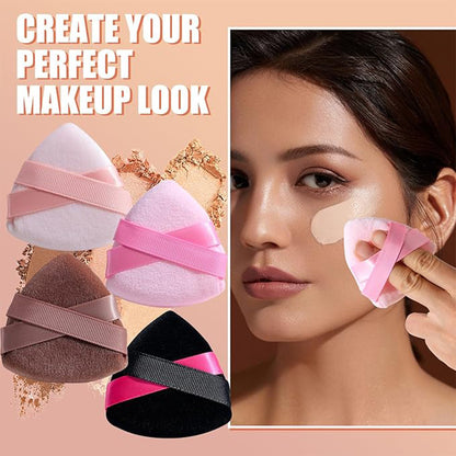 Zentheca – Ultra-Soft Triangle Makeup Puff Set showcasing various puffs and a model applying makeup for a flawless look.
