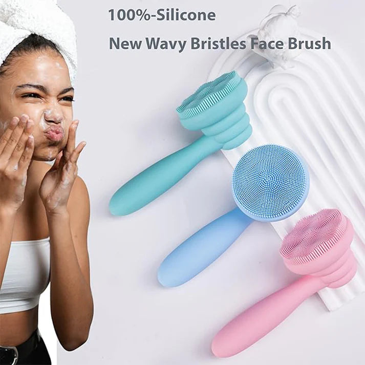 Zentheca – Manual Facial Cleansing & Exfoliating Brush trio with 100%-silicone wavy bristles for gentle skin cleansing.
