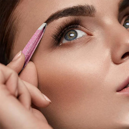 Zentheca – Professional Tweezer & Skincare Set, showing a woman using a pink tweezer for grooming.