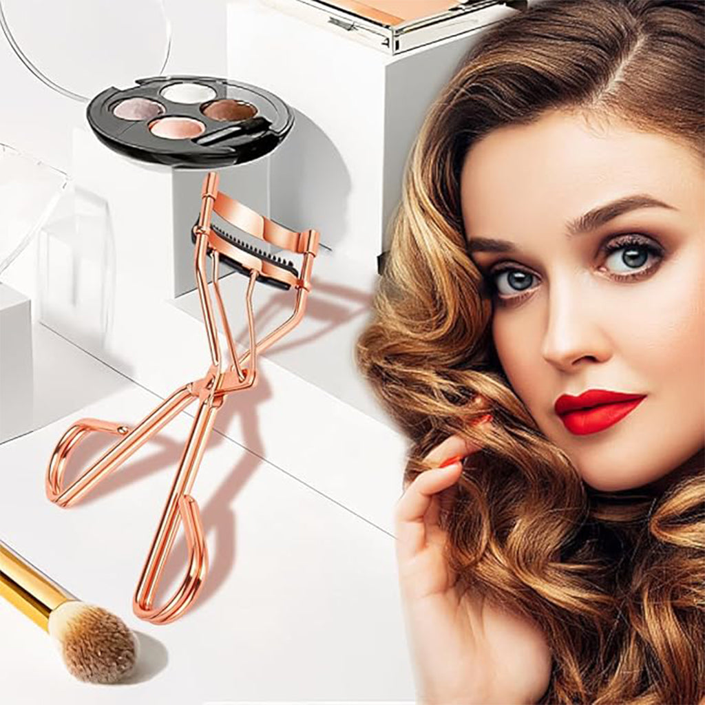 Zentheca – Eyelash Tool Set displayed with a makeup palette and a model showcasing beautiful curls and red lipstick.