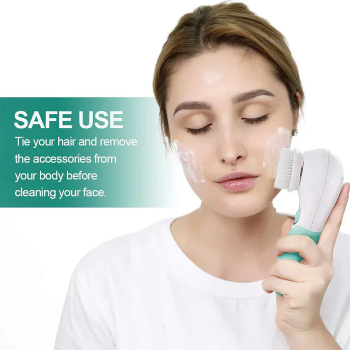 Woman using a facial cleansing device, demonstrating safe use by tying back hair and applying cleanser.