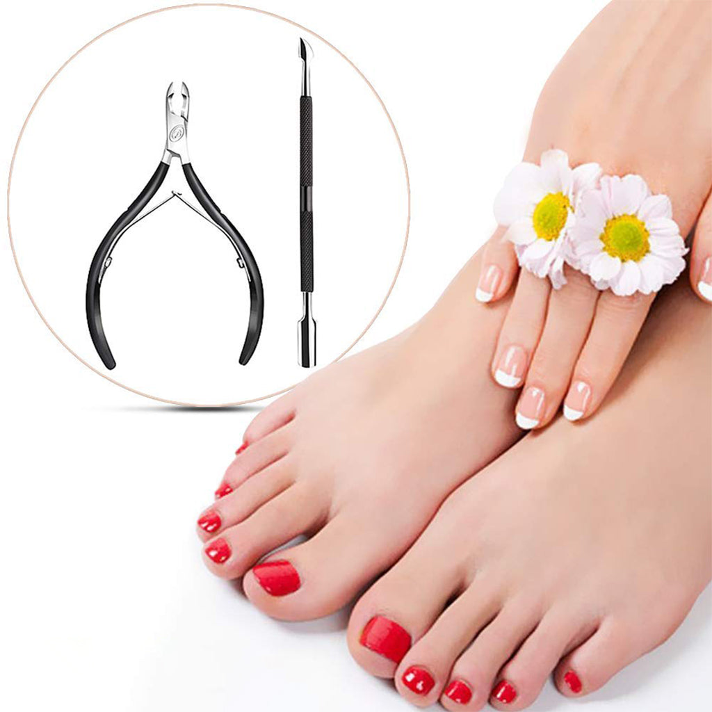 Zentheca – Precision Cuticle Pusher & Remover displayed with beautifully pedicured feet.