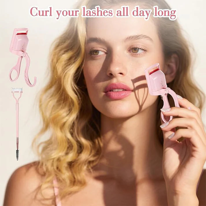 Zentheca – Electric Eyelash Curler with a model demonstrating its use for long-lasting lift and curl.
