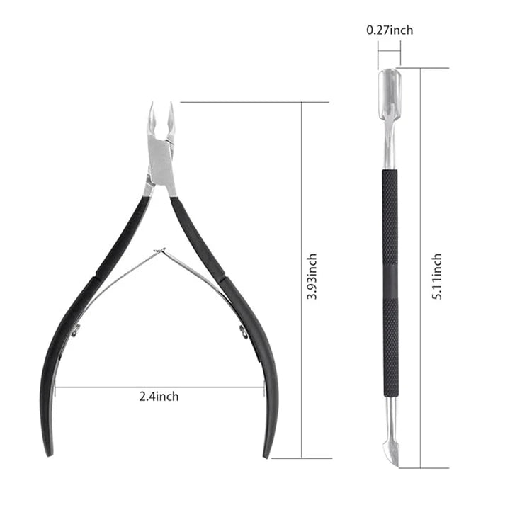 Zentheca – Professional Cuticle Care Set dimensions showing cuticle trimmer and push stick for nail grooming.