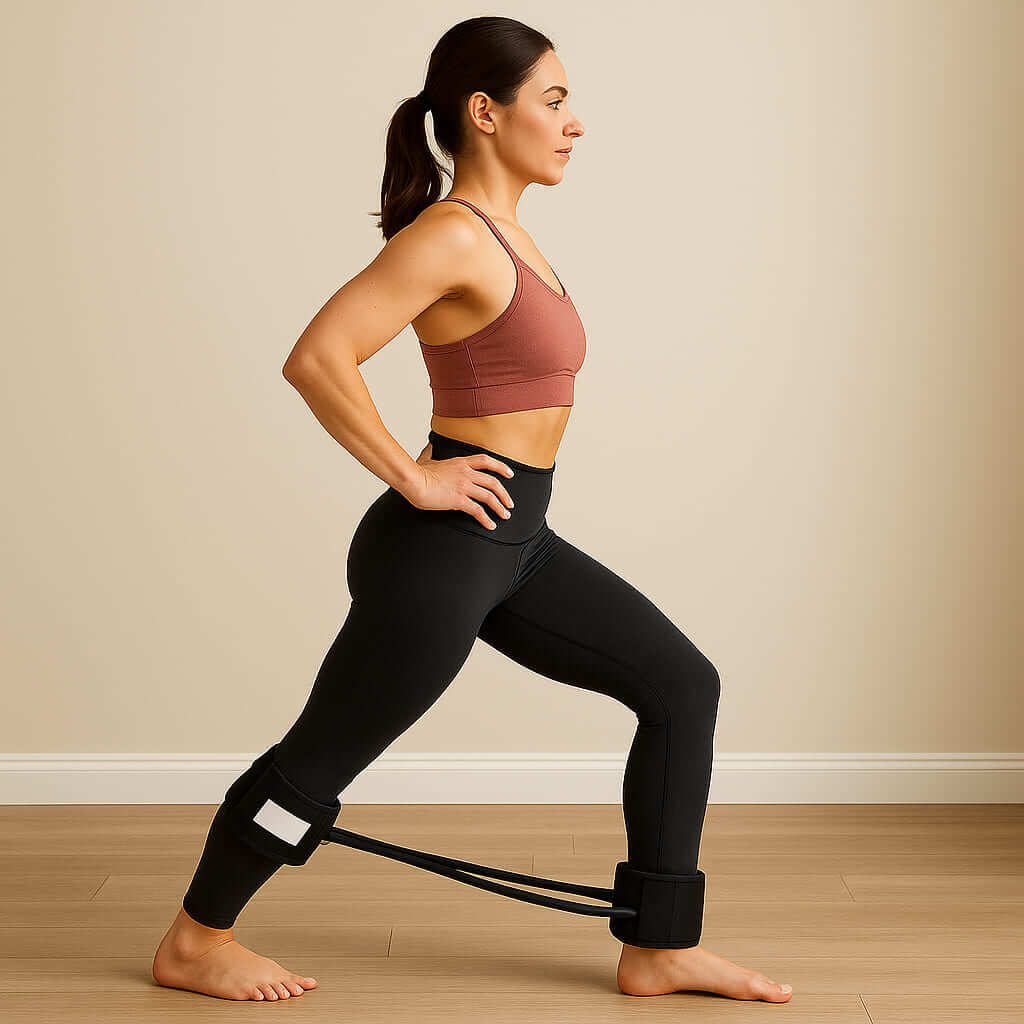 Woman using Zentheca BodyLoop Pro for leg exercises, demonstrating strength and stability in workout attire.