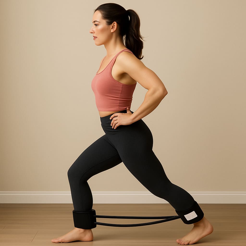Woman using Zentheca BodyLoop Pro fitness band for strength training and body sculpting in workout attire.