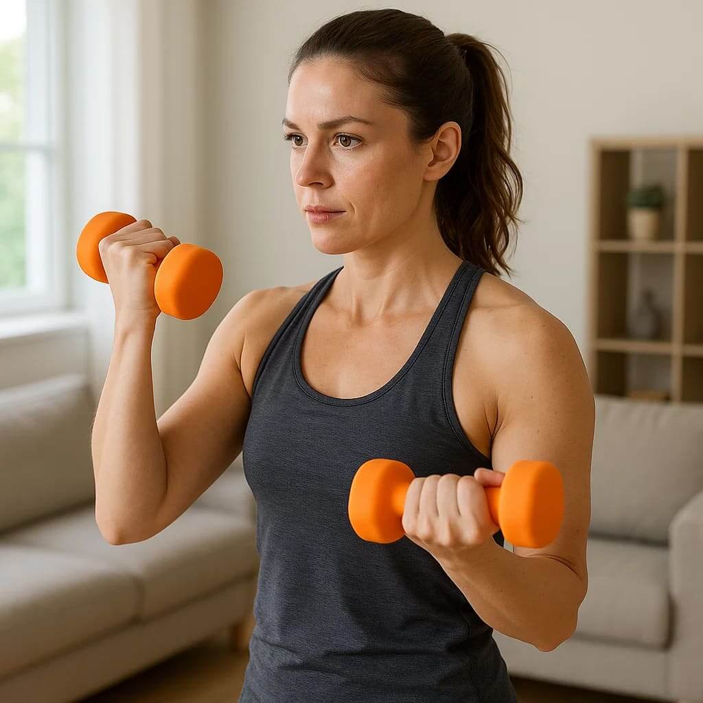 Zentheca CoreGrip Duo neoprene-coated dumbbells in use by a woman during a workout for balanced strength and confident grip.