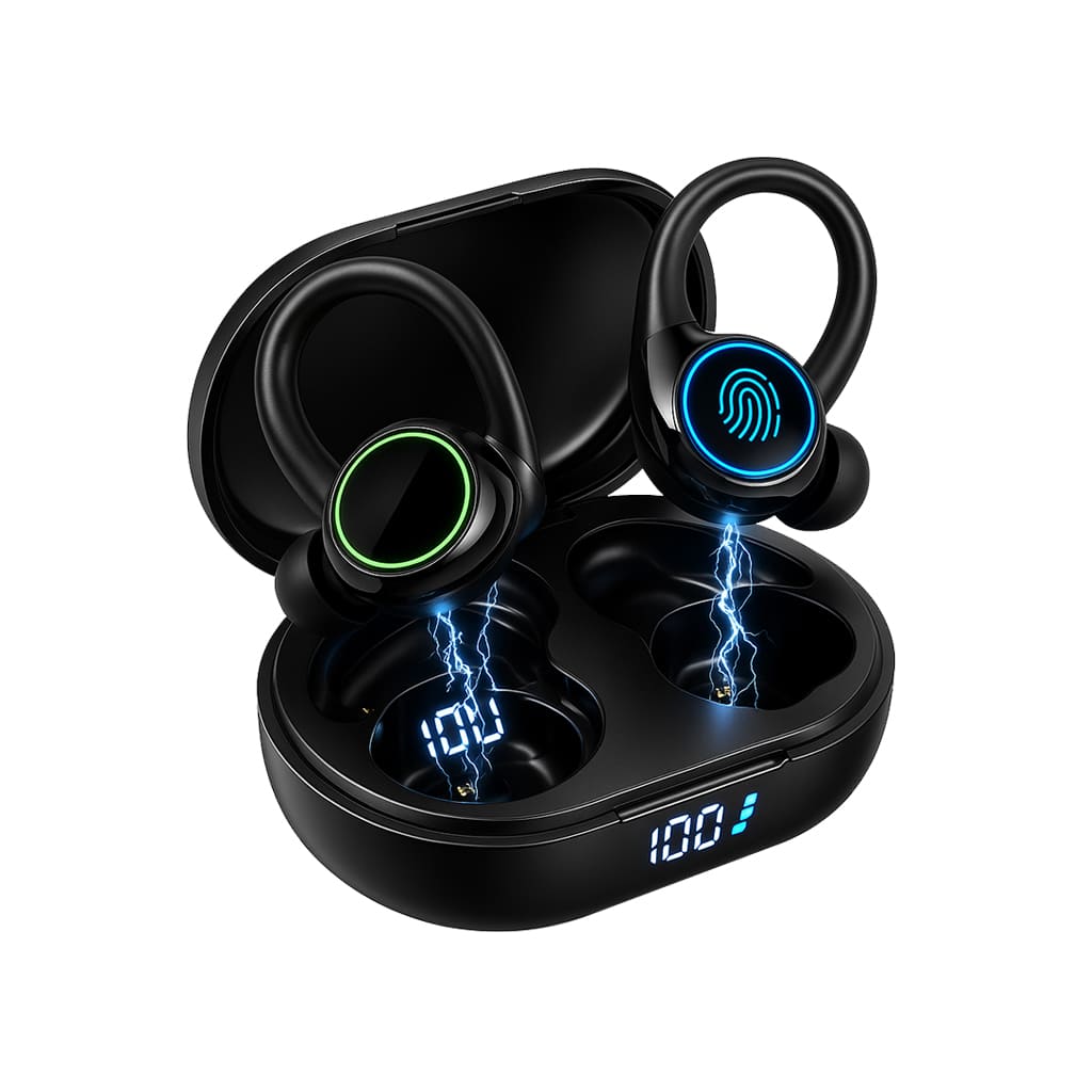 Zentheca AeroBeat Sport wireless earbuds in charging case with digital display.
