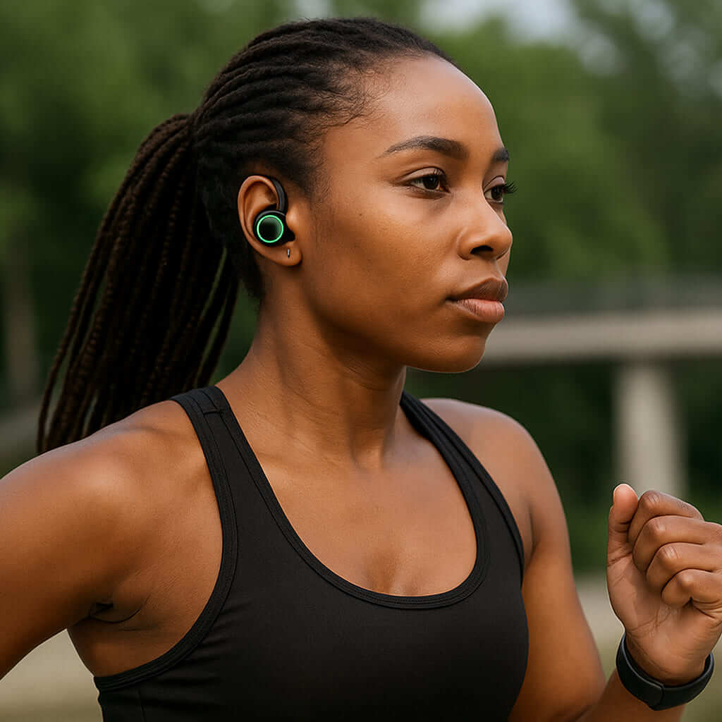 Woman running wearing Zentheca AeroBeat Sport wireless earbuds outdoors.