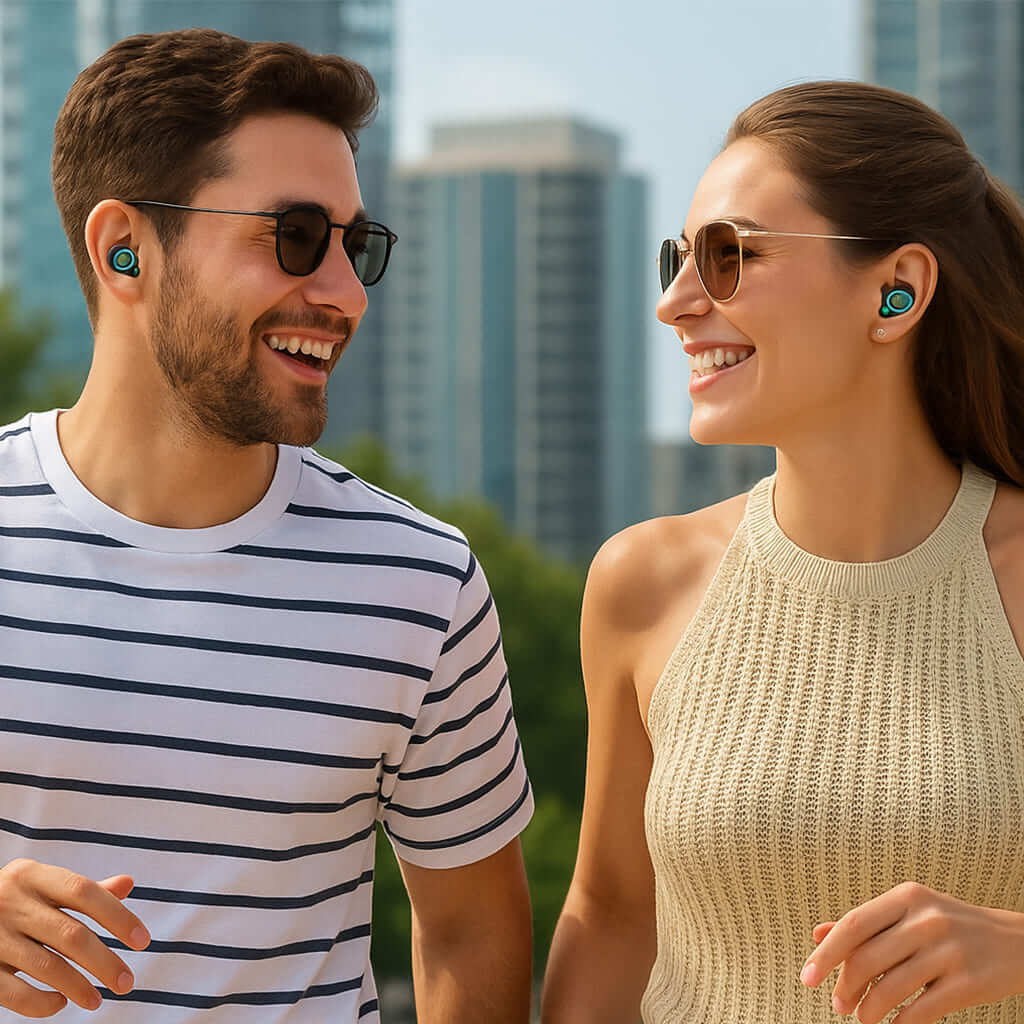 Zentheca AeroBeat Sport wireless earbuds worn by a smiling couple outdoors.