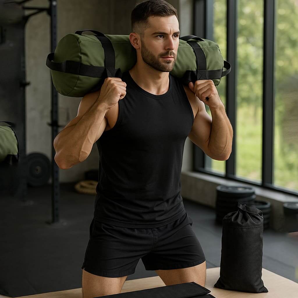 Man using the Zentheca VersaStrength Pack for functional fitness training in a gym.