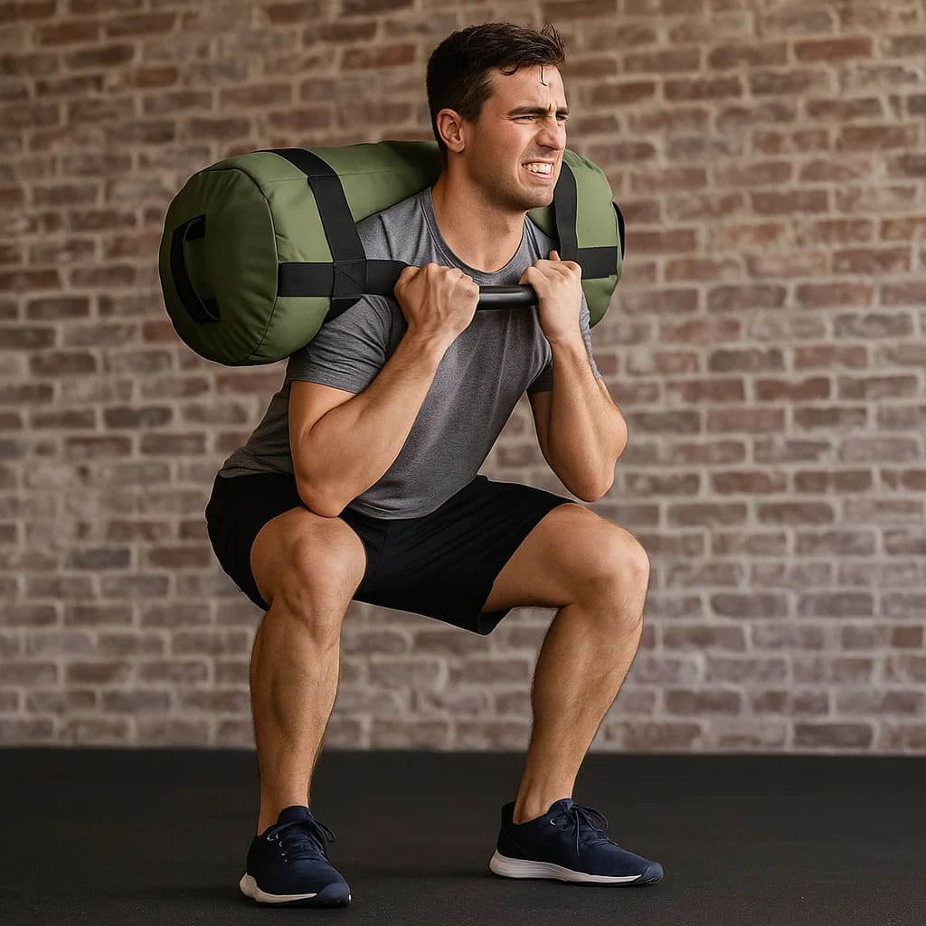 Man lifting the Zentheca VersaStrength Pack while squatting in a gym setting.