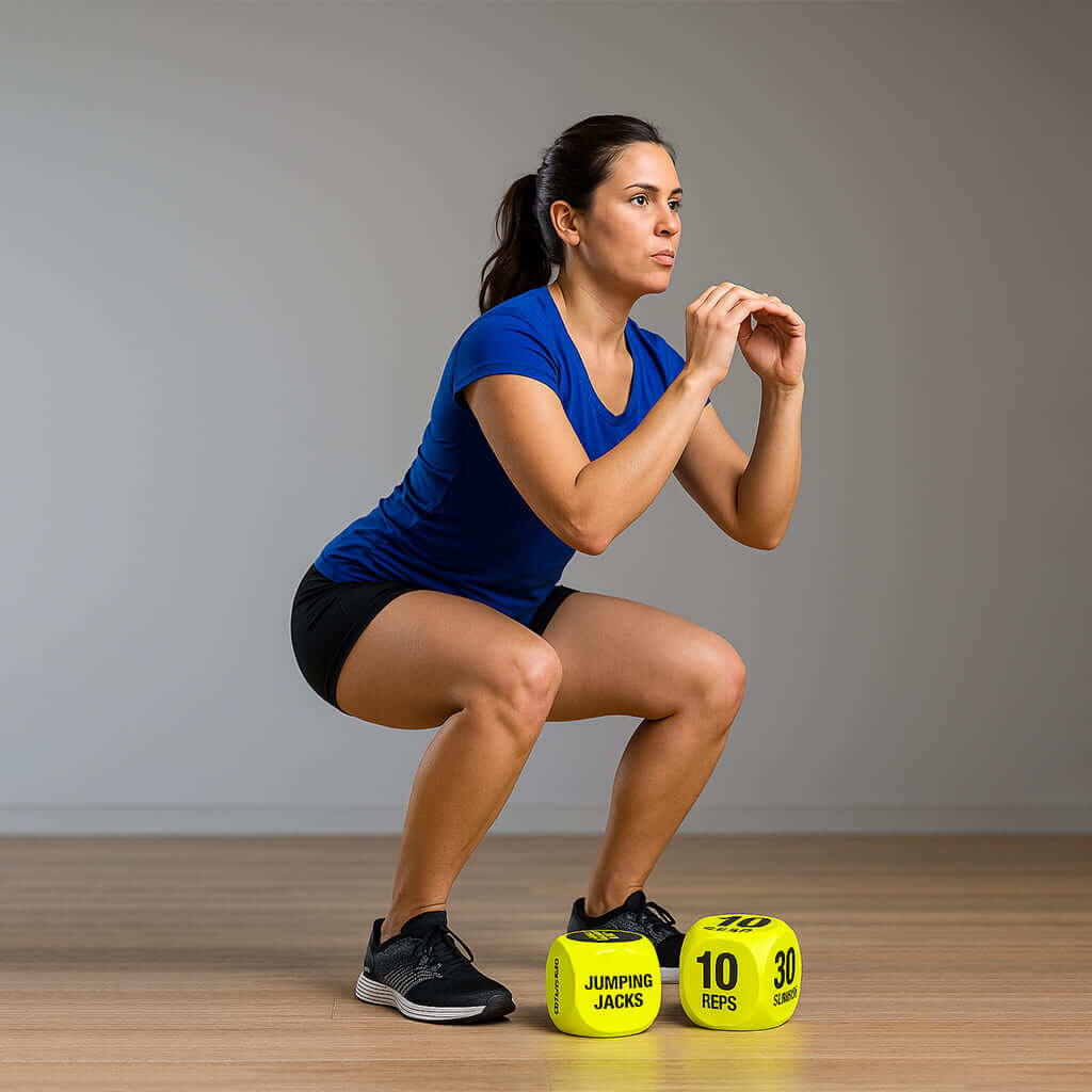 Woman performing a squat using the Zentheca CoreDice Trainer during an exercise session.