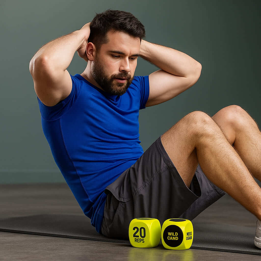 Zentheca CoreDice Trainer in use, man performing crunches with exercise dice in a home workout setting.