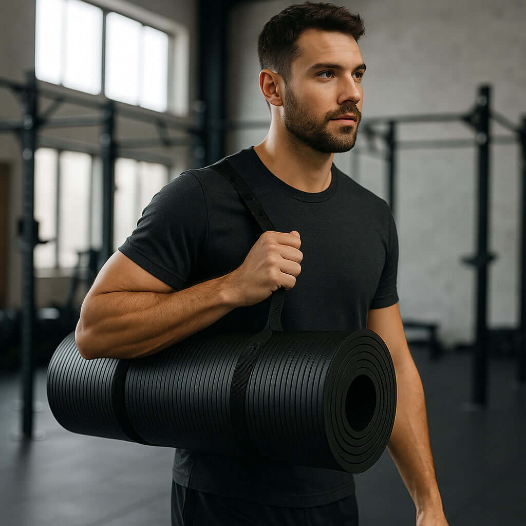Man carrying the Zentheca ThryveMat Pro in a gym, showcasing its portability and premium design.