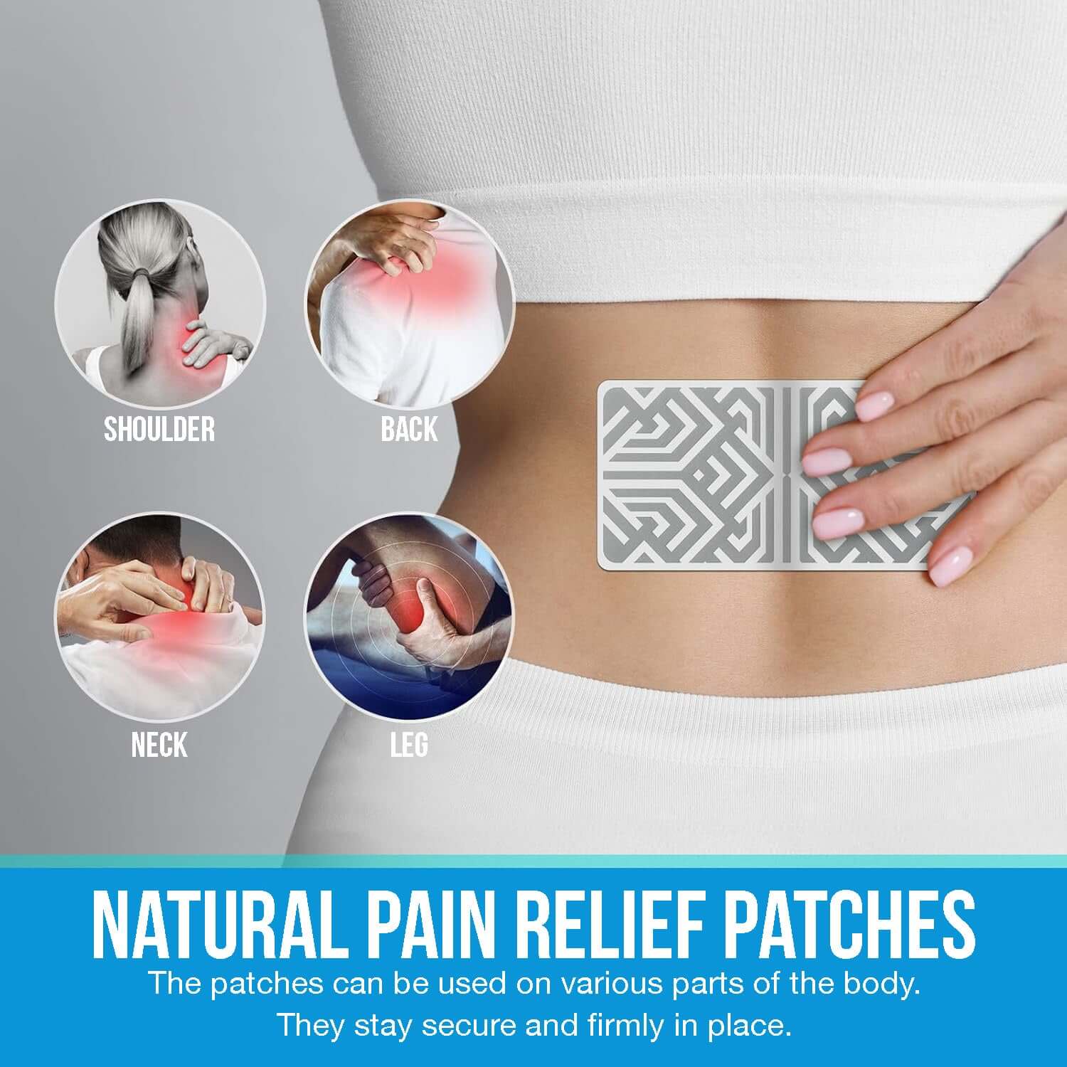 Zentheca Pain Relief Patch demonstrated on the abdomen, showing versatile use for natural pain relief.