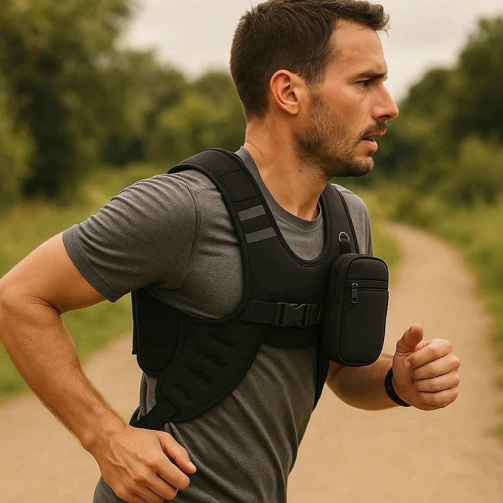 Man running outdoors wearing the Zentheca GritVest for enhanced training performance.