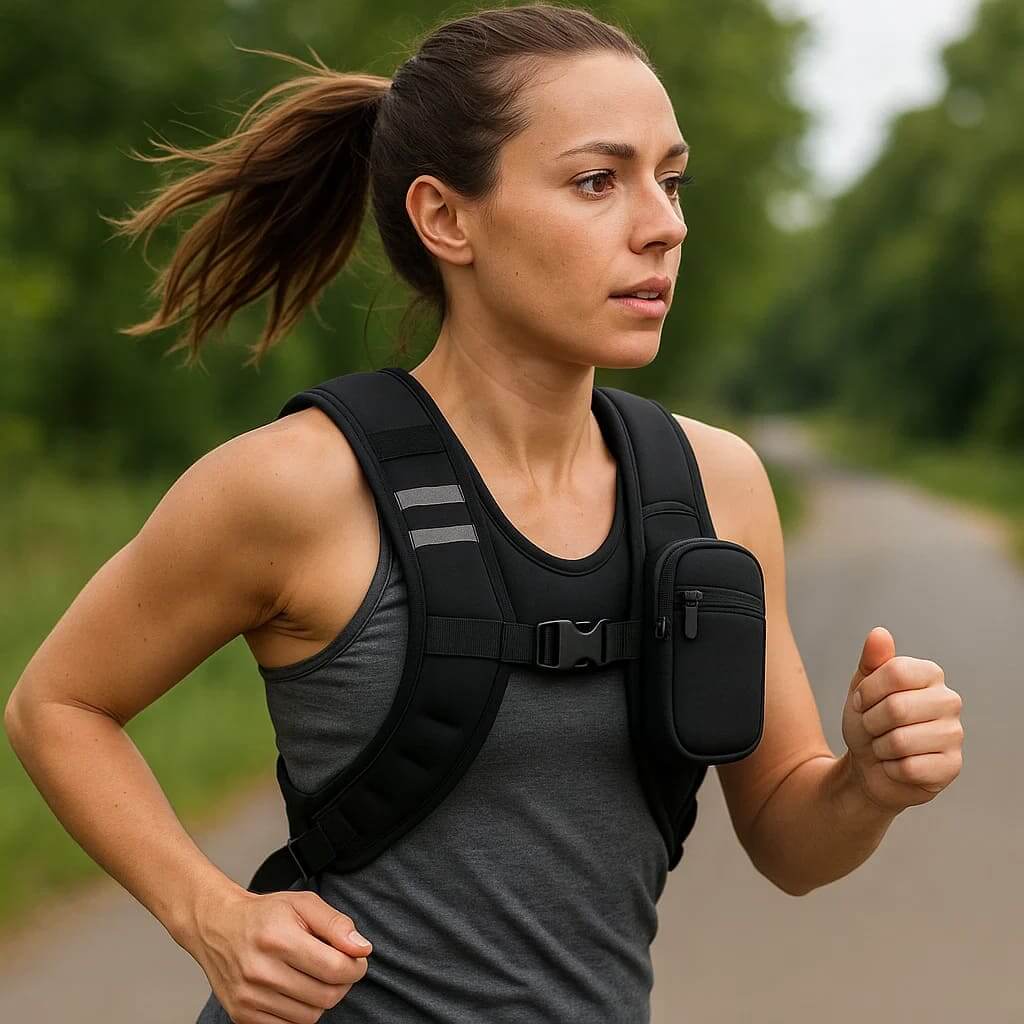 Woman running wearing the Zentheca GritVest, designed for enhanced training and resistance.