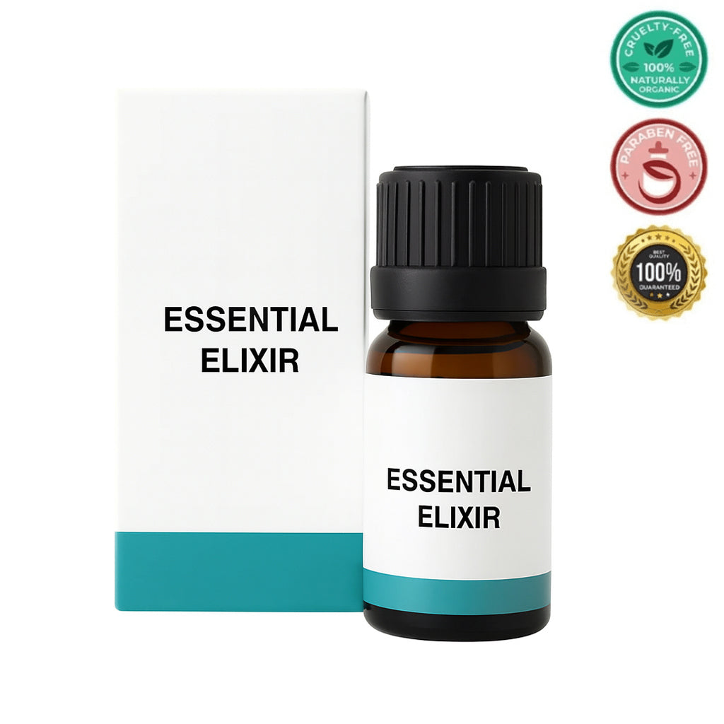 Essential Elixir skin oil bottle with box, designed for smooth, polished skin and everyday use.