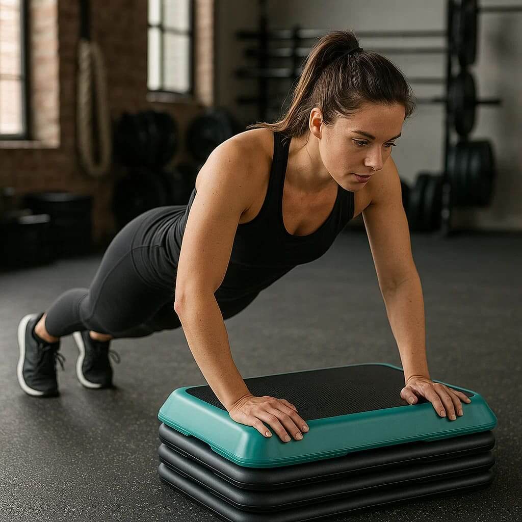 Woman performing push-ups on the Zentheca PulseStride Platform in a fitness studio setting.