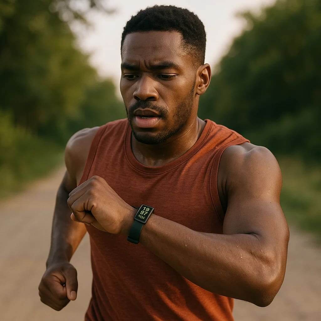 Zentheca VitaTrack Pulse fitness tracker worn by a man running on a dirt path, showcasing real-time health data.