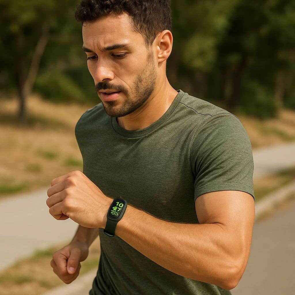 A man wearing the Zentheca VitaTrack Pulse fitness tracker while jogging outdoors.