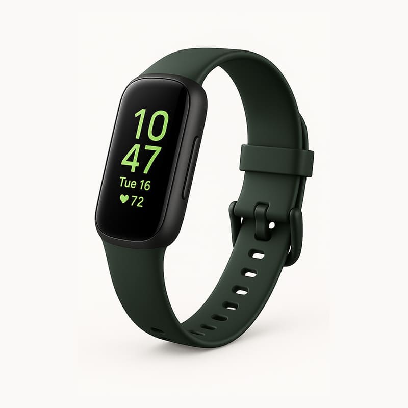 Zentheca VitaTrack Pulse fitness tracker displaying time and heart rate on a green silicone band.
