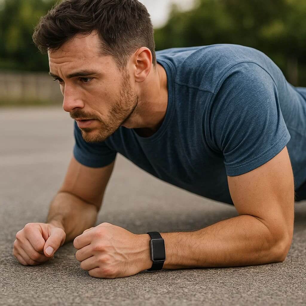 Man doing a plank while wearing a Zentheca CoreSync Band on his wrist, engaged in fitness activity.