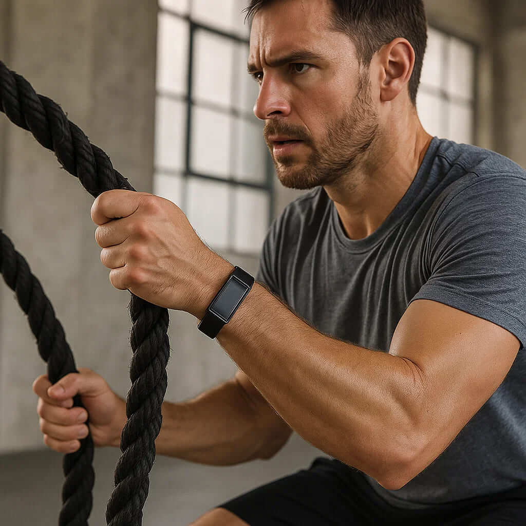 Man exercising with ropes wearing a Zentheca CoreSync Band for fitness tracking.