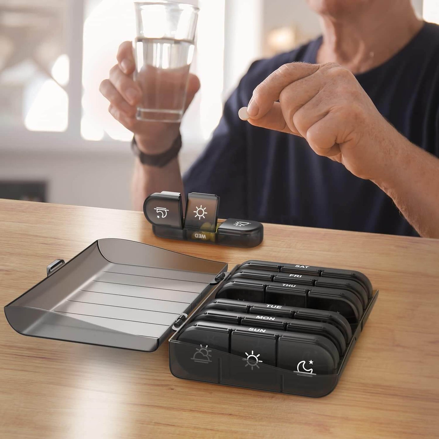 Zentheca 7-Day Pill Organizer displayed with a person preparing to take medication and drink water.